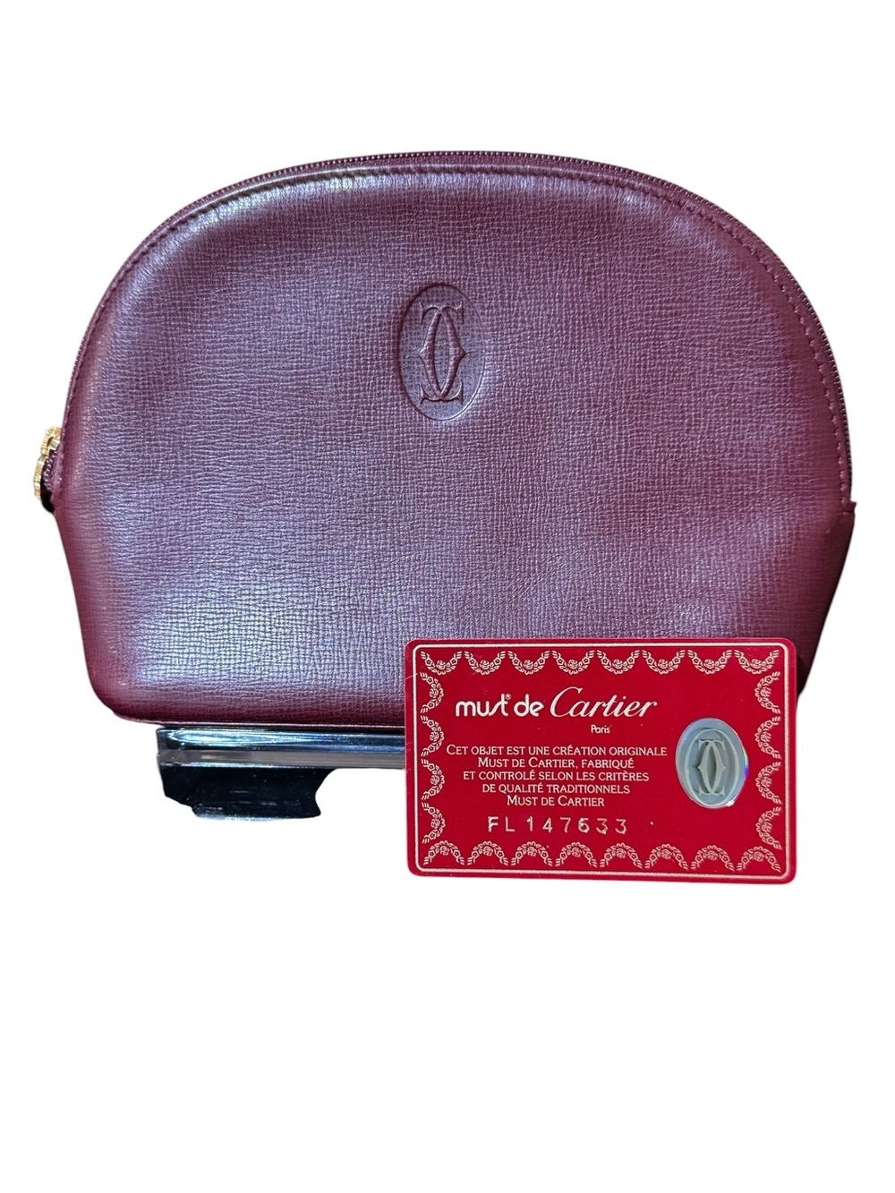 Cartier Wine Red Leather Cosmetic Pouch with Embossed Logo